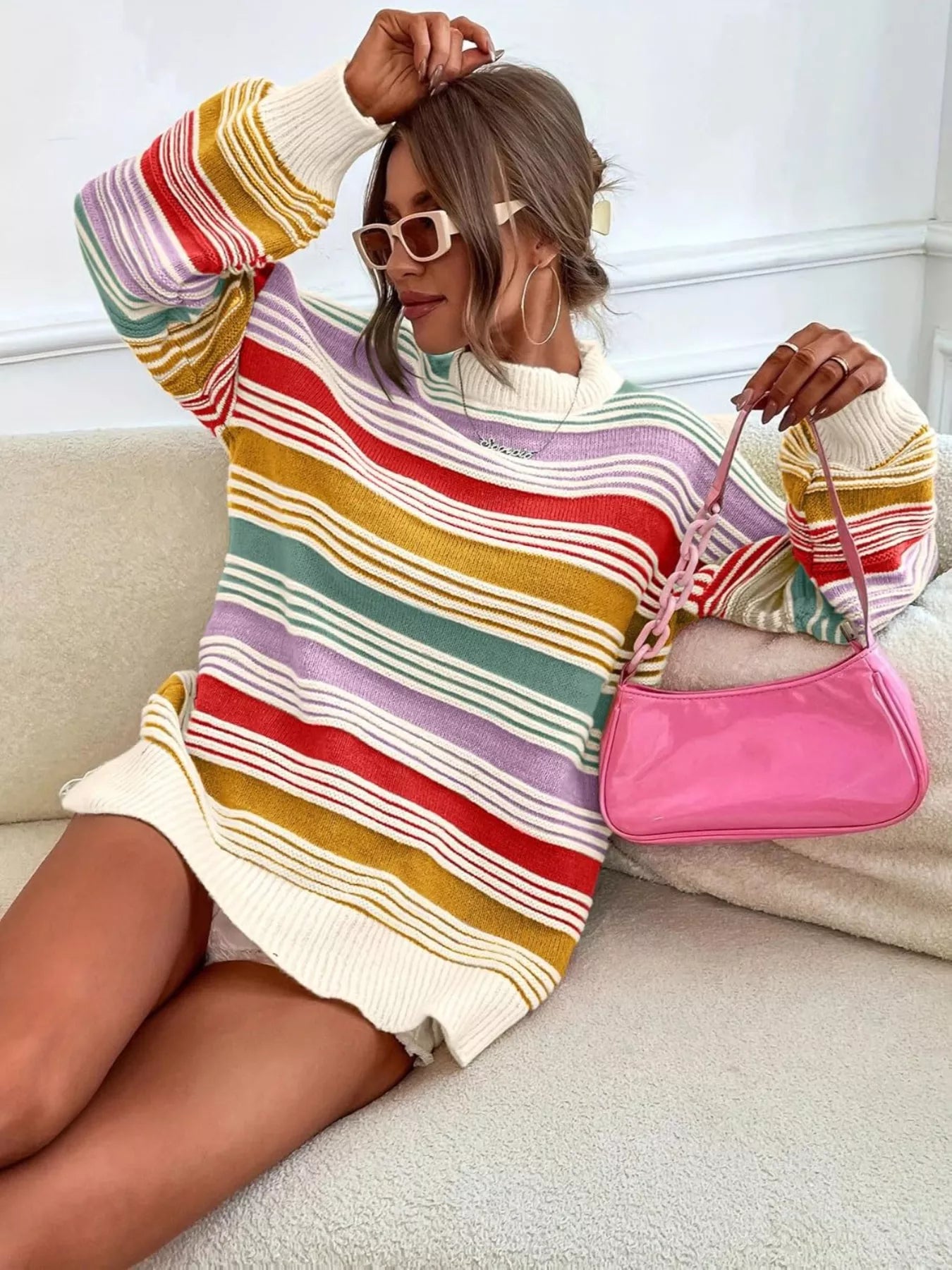 Rainbow Striped Drop Shoulder Oversized Sweater OutfitFlow