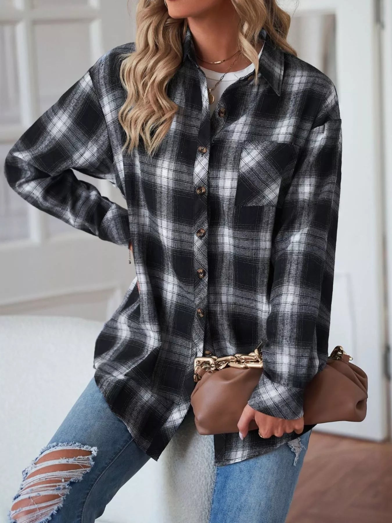 Casual Plaid Button Up Shirt Black Trendsi