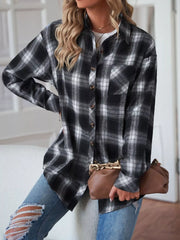 Casual Plaid Button Up Shirt Black Trendsi