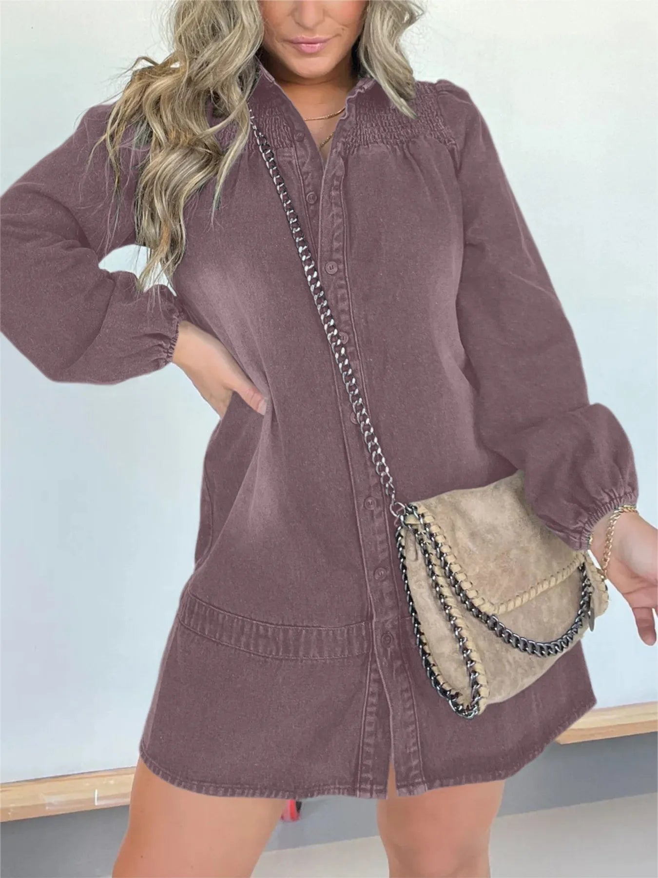 Full Size Button Front Long Sleeve Denim Dress Plus Size Gray Purple OutfitFlow