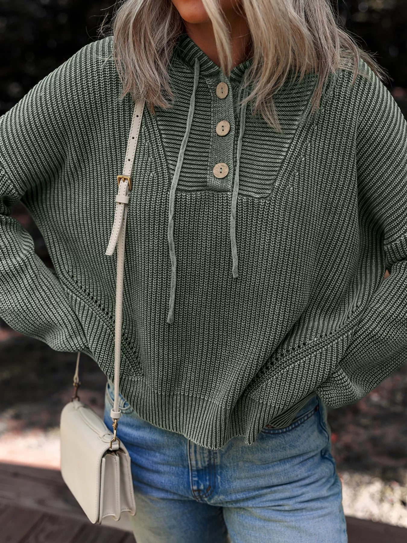 Mineral Wash Ribbed Knit Button Drawstring Neck Hooded Sweater OutfitFlow