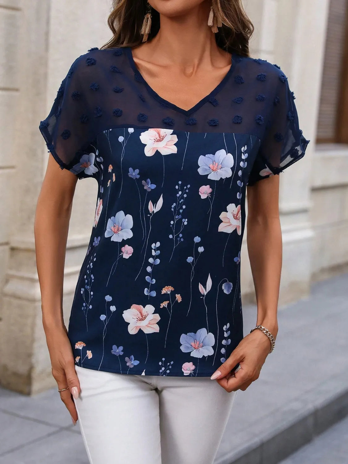 Floral Print V-Neck Flutter Sleeve Casual Top OutfitFlow