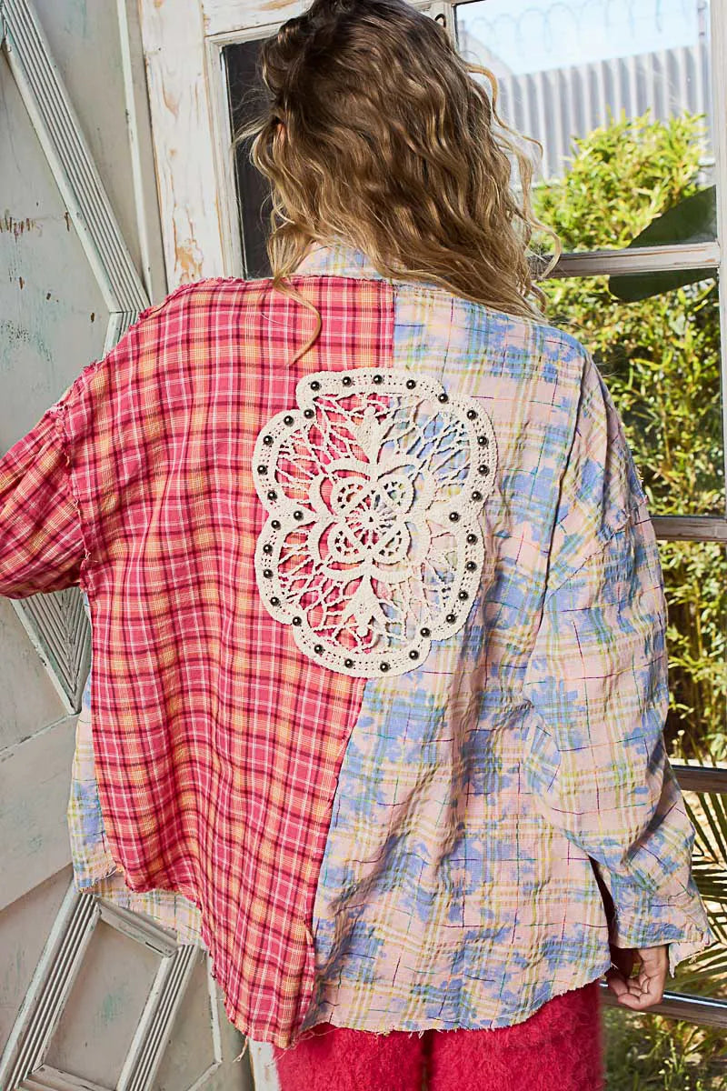 POL Patchwork Plaid Button-Up Shirt with Contrast Pockets OutfitFlow