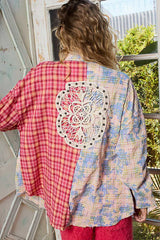 POL Patchwork Plaid Button-Up Shirt with Contrast Pockets OutfitFlow