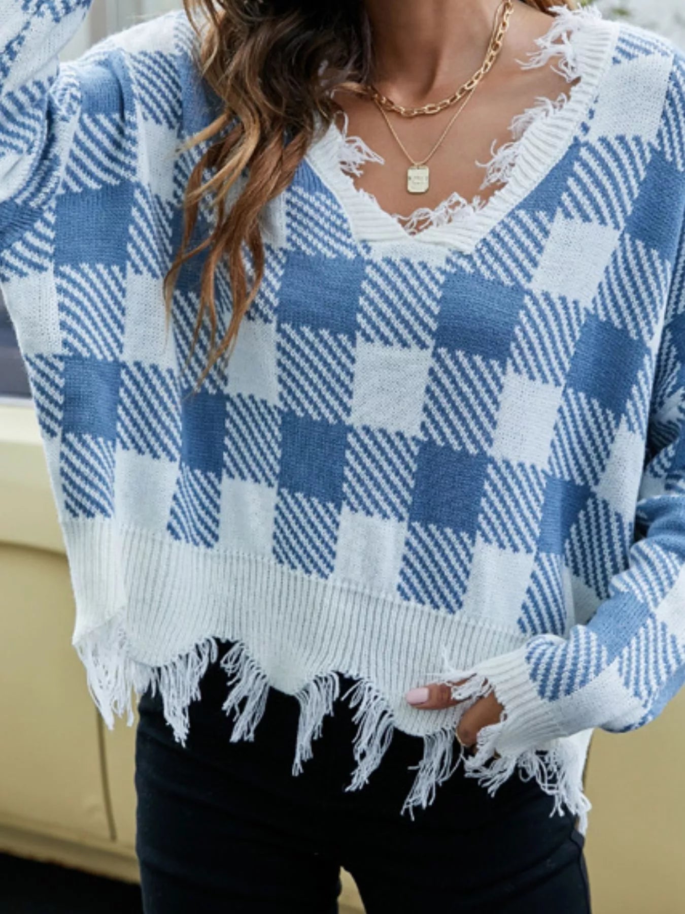 Frayed Hem Long Sleeve Sweater OutfitFlow