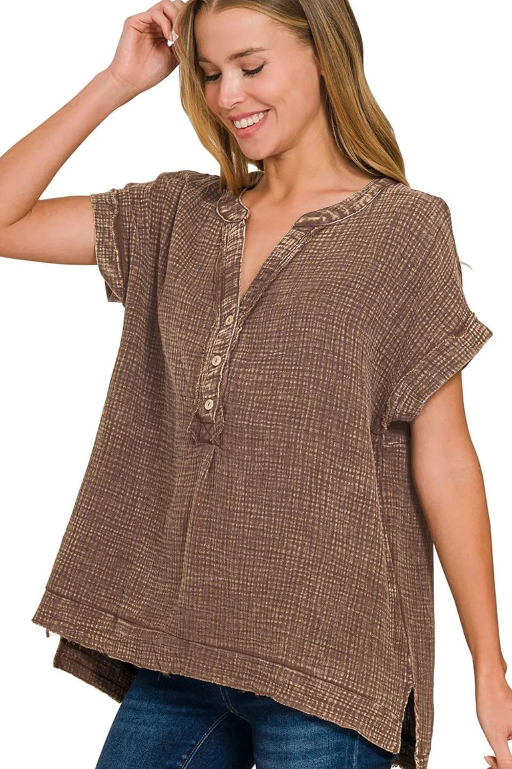 Zenana Washed Double Gauze 3/4 Button Henley Neck Shirt OutfitFlow