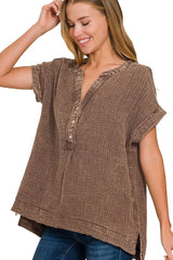 Zenana Washed Double Gauze 3/4 Button Henley Neck Shirt OutfitFlow