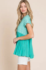 Lime 'N' Chili Full Size Embroidered Short Sleeve Pleated Babydoll Top Plus Size OutfitFlow