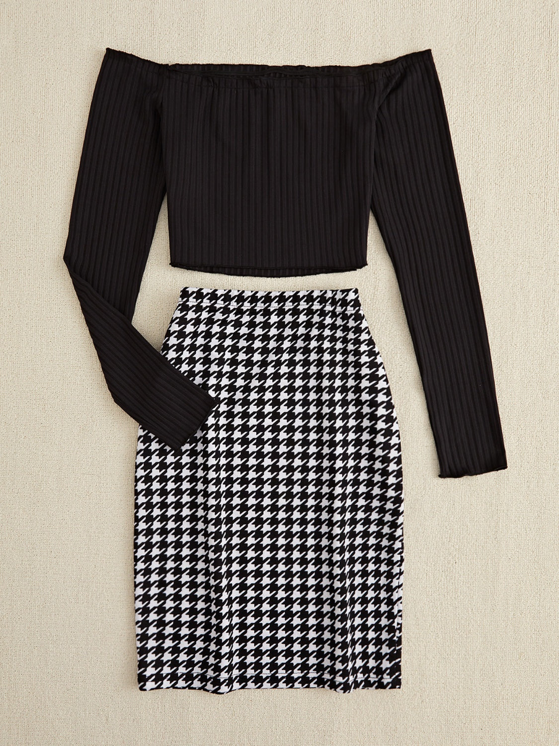 Outfit Flow - Off-Shoulder Long Sleeve Top and Houndstooth Skirt Set