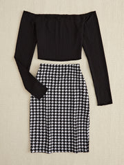 Outfit Flow - Off-Shoulder Long Sleeve Top and Houndstooth Skirt Set