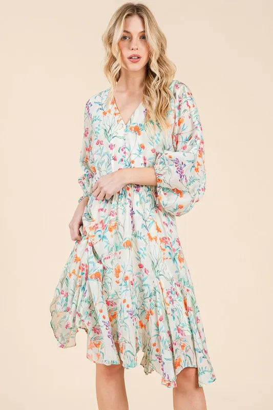 Lime 'N' Chili Floral Cinched Waist Balloon Sleeve V-Neck Dress OutfitFlow