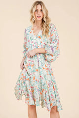 Lime 'N' Chili Floral Cinched Waist Balloon Sleeve V-Neck Dress OutfitFlow