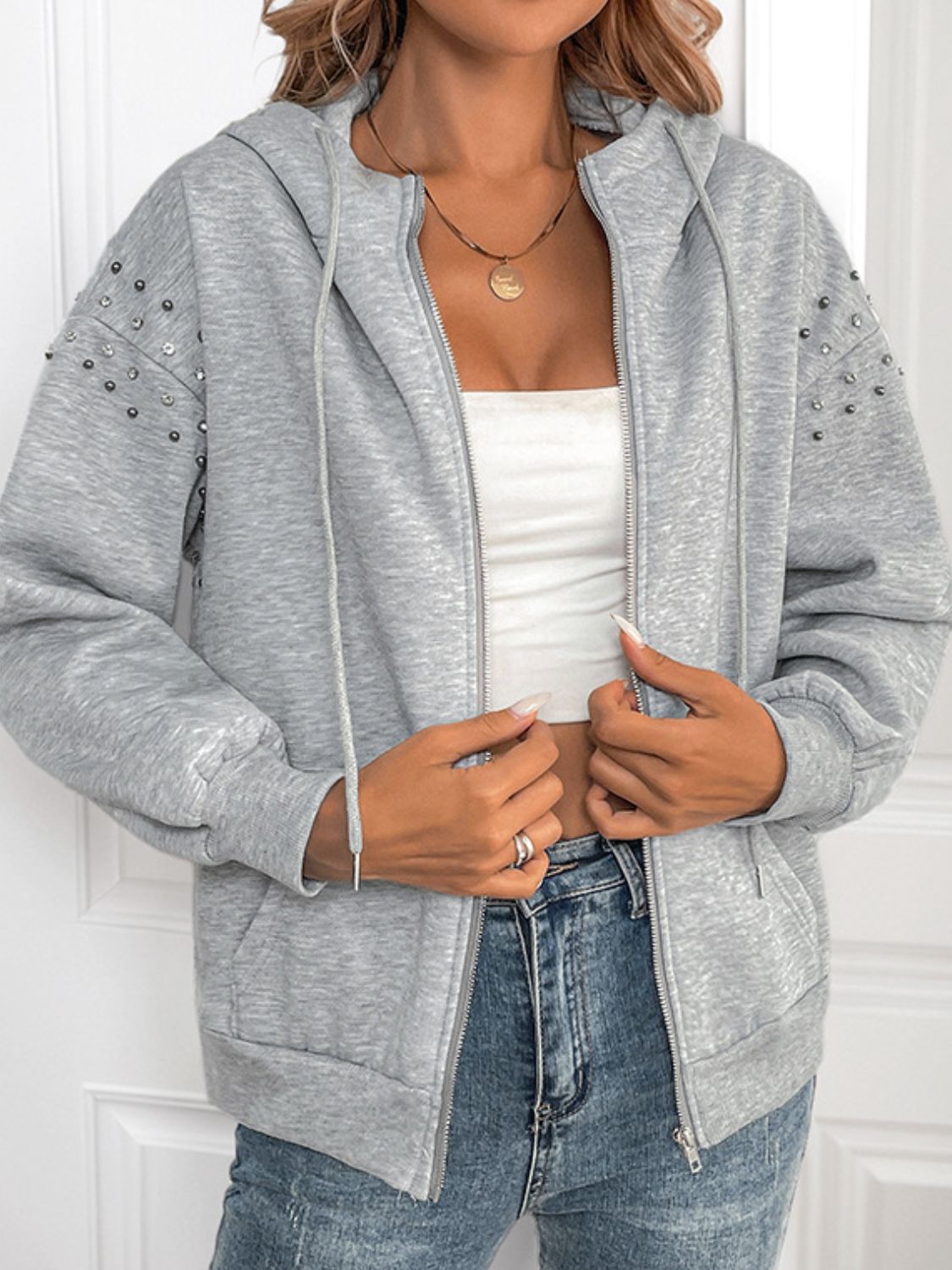 Outfit Flow - Perfee Rhinestone Zip Up Long Sleeve Hoodie