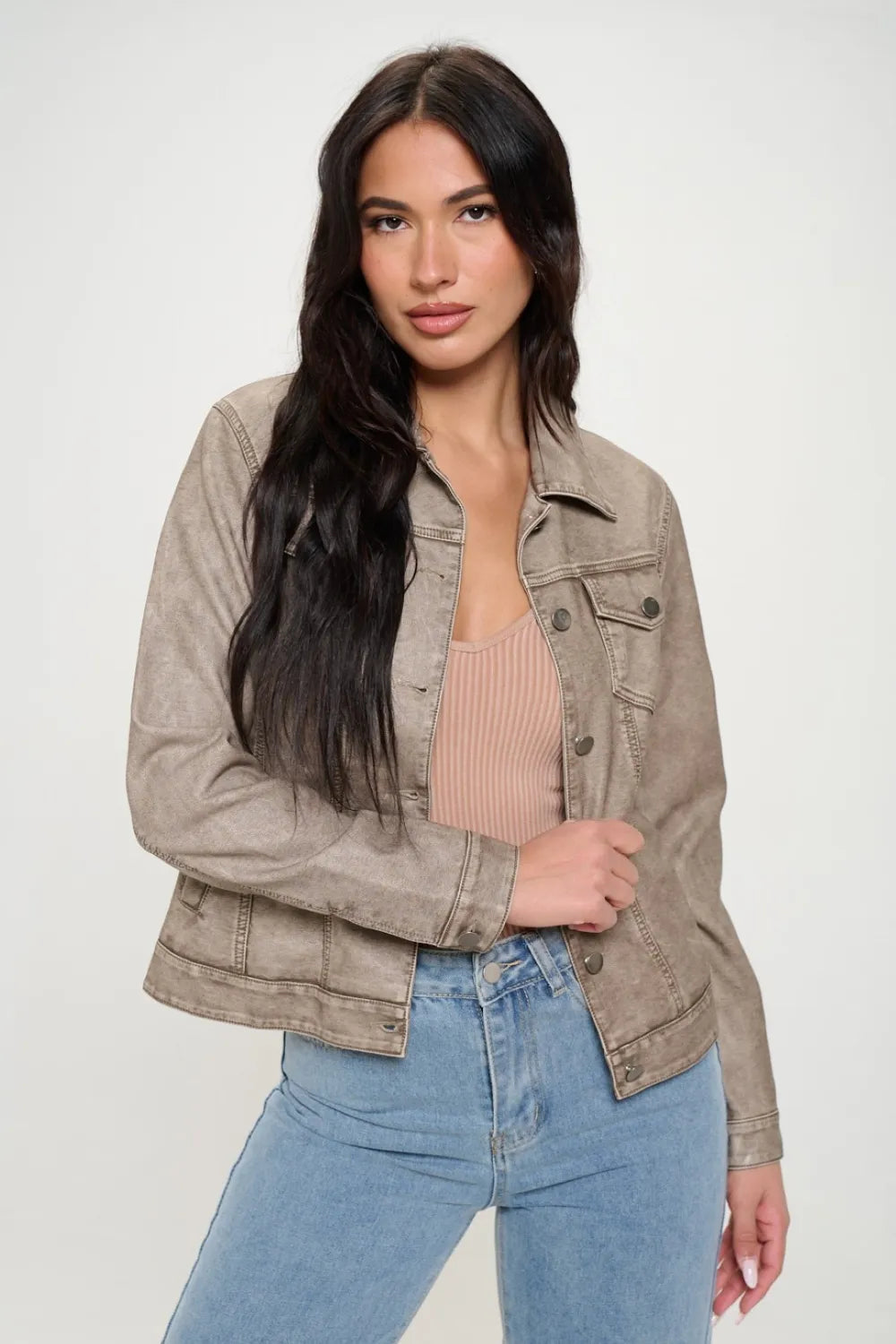 Coalition LA Button Down Cargo Vegan Leather Shacket Khaki Trendsi