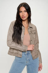 Coalition LA Button Down Cargo Vegan Leather Shacket Khaki Trendsi