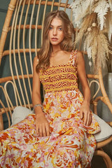 Davi & Dani Multi Smocked Bodice Geo Ruffle Strappy Midi Dress OutfitFlow