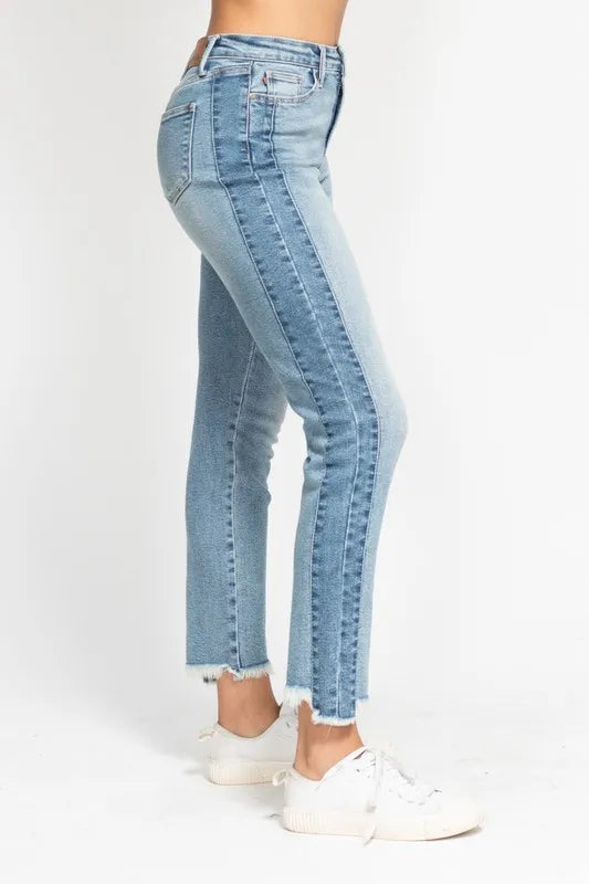 Judy Blue Full Size Vintage Wash Side Panel Detail with Fray Hem Slim Plus Size OutfitFlow