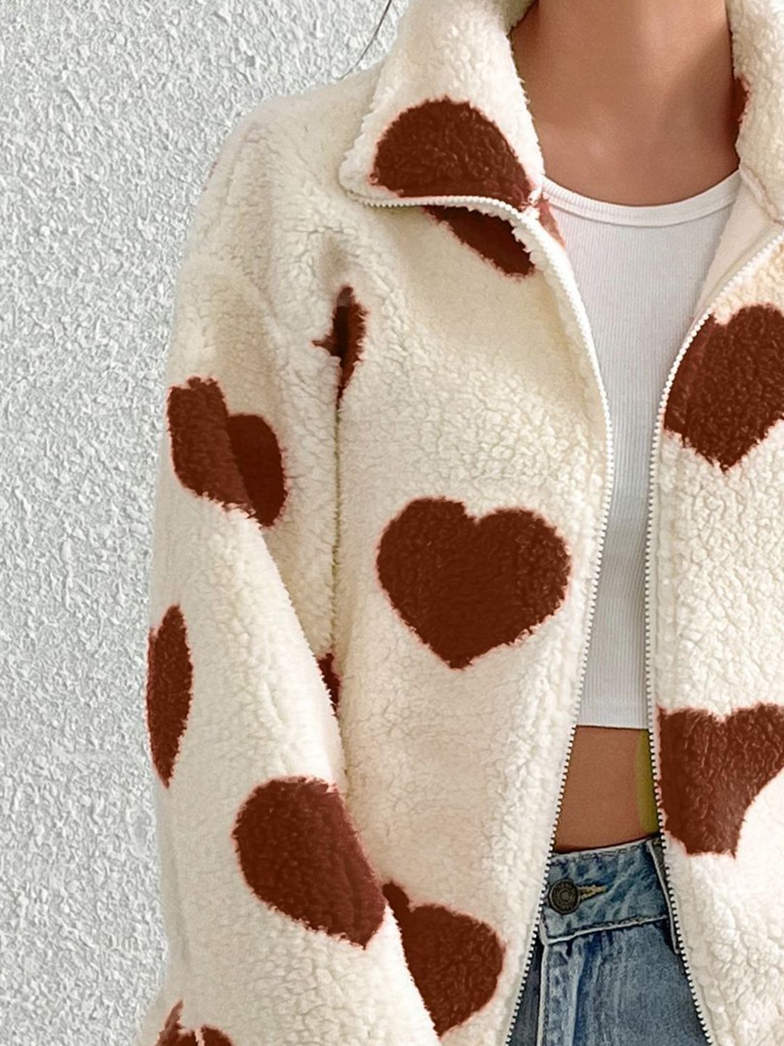 Outfit Flow - Heart Zip Up Drop Shoulder Furry Jacket