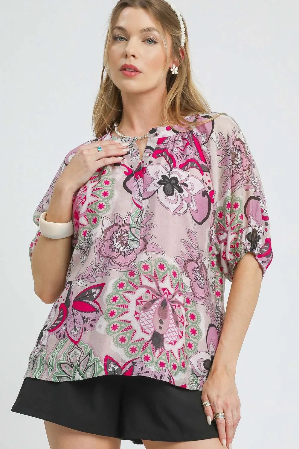 Umgee Floral Print Half Sleeve Blouse Blush Pink OutfitFlow