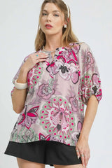 Umgee Floral Print Half Sleeve Blouse Blush Pink OutfitFlow