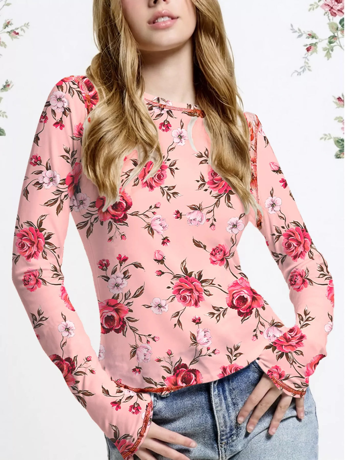 Floral Print Exposed Seam Detail Mesh Long Sleeve Top Dusty Pink OutfitFlow