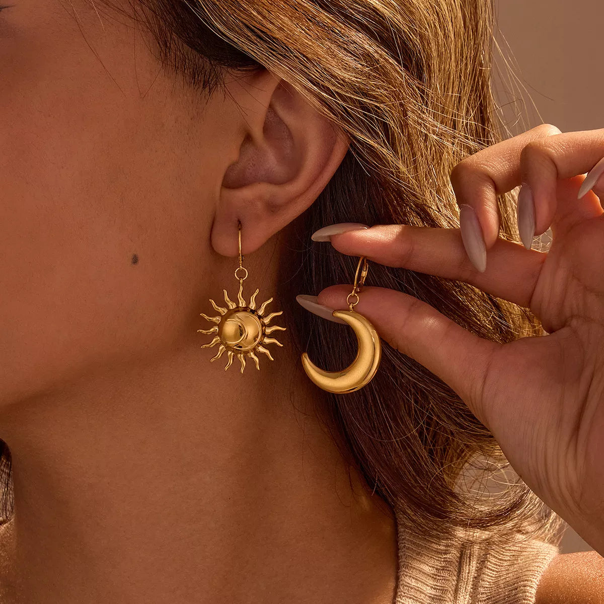 18K Gold-Plated Asymmetrical Sun & Moon Earrings Gold One Size OutfitFlow