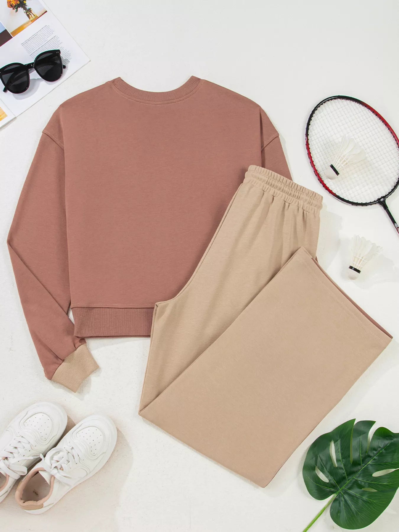 Color Block Long Sleeve Crop Top Drawstring Pant Set OutfitFlow