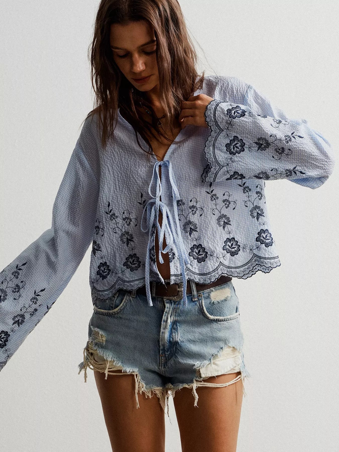 Floral Embroidered Tie-Front Blouse OutfitFlow