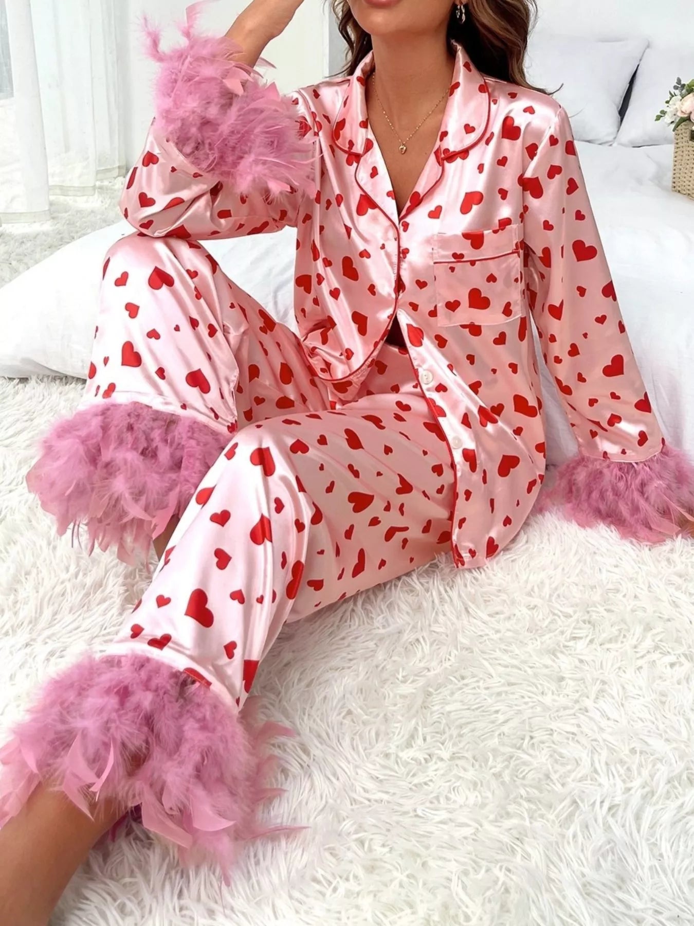 Heart Print Button Up Top and Pants Lounge Set OutfitFlow