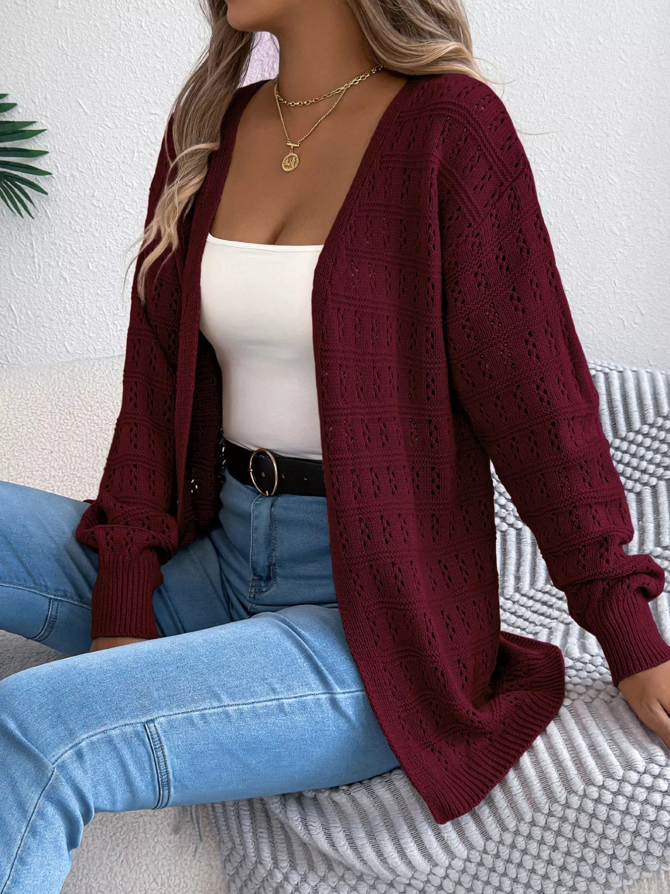 Open-Front Crochet Knit Cardigan Burgundy OutfitFlow