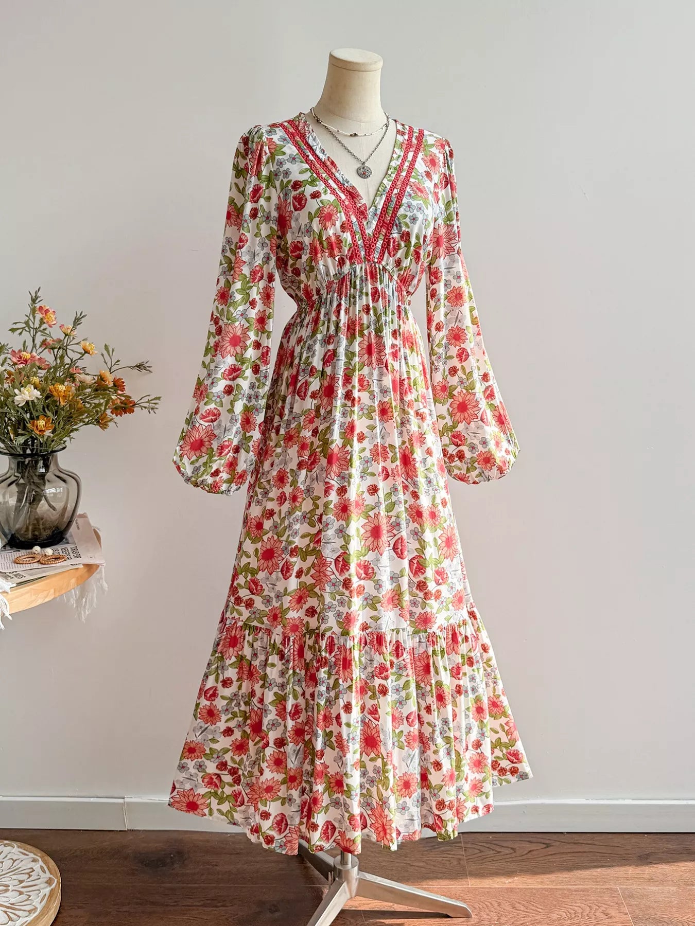 Floral Print V-Neck Bohemian Midi Dress OutfitFlow