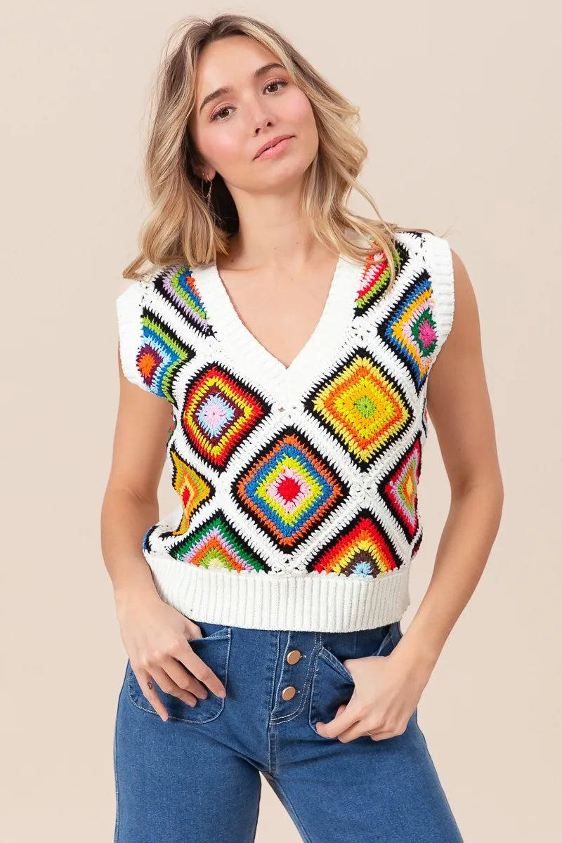 BiBi Diamond Granny Square Sweater Vest OutfitFlow