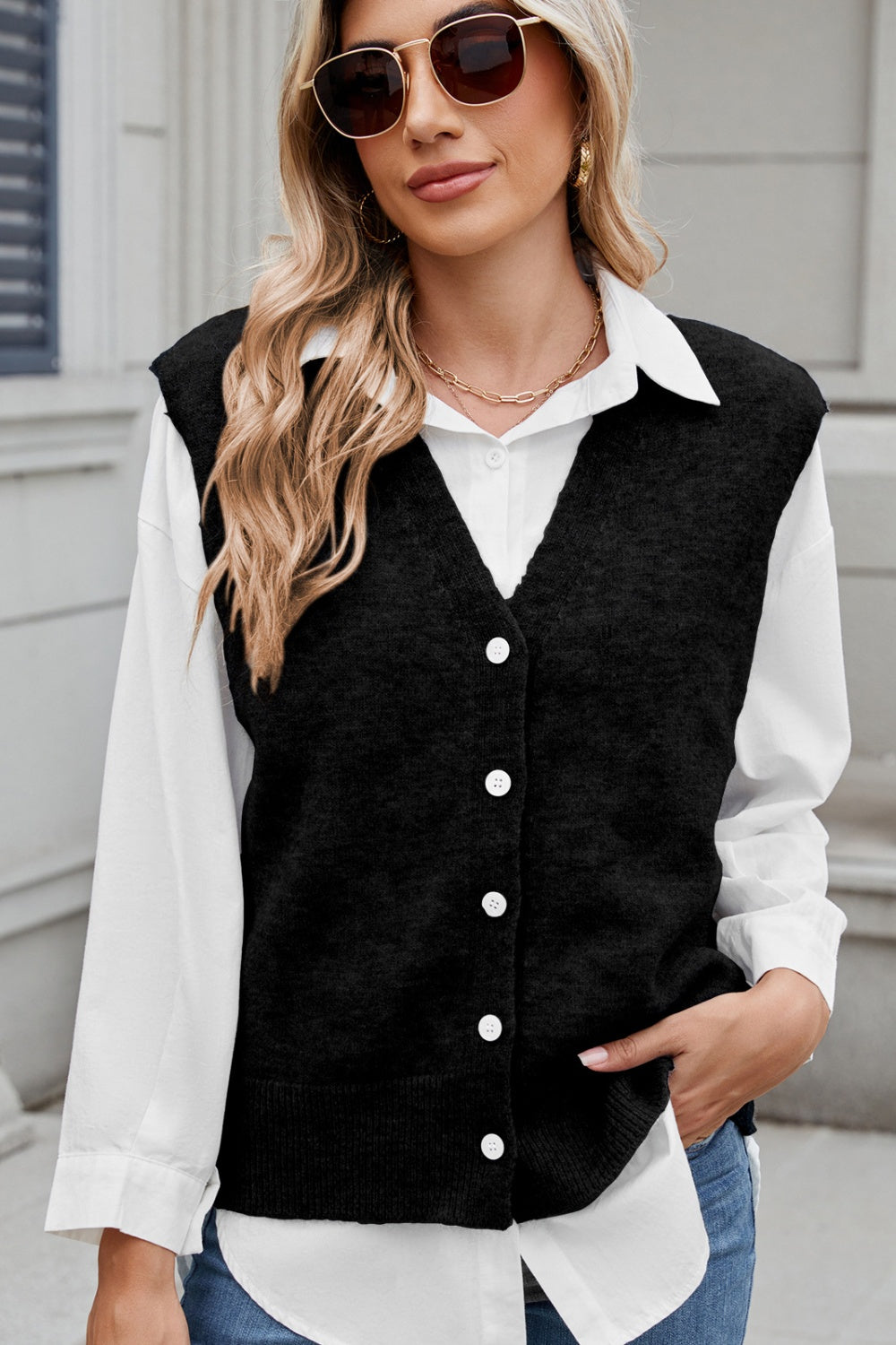 Button Down V-Neck Sweater Vest Black OutfitFlow