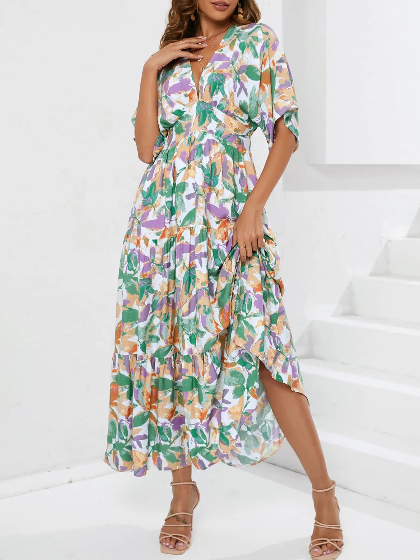 Floral Print V-neck Boho Midi Dress OutfitFlow