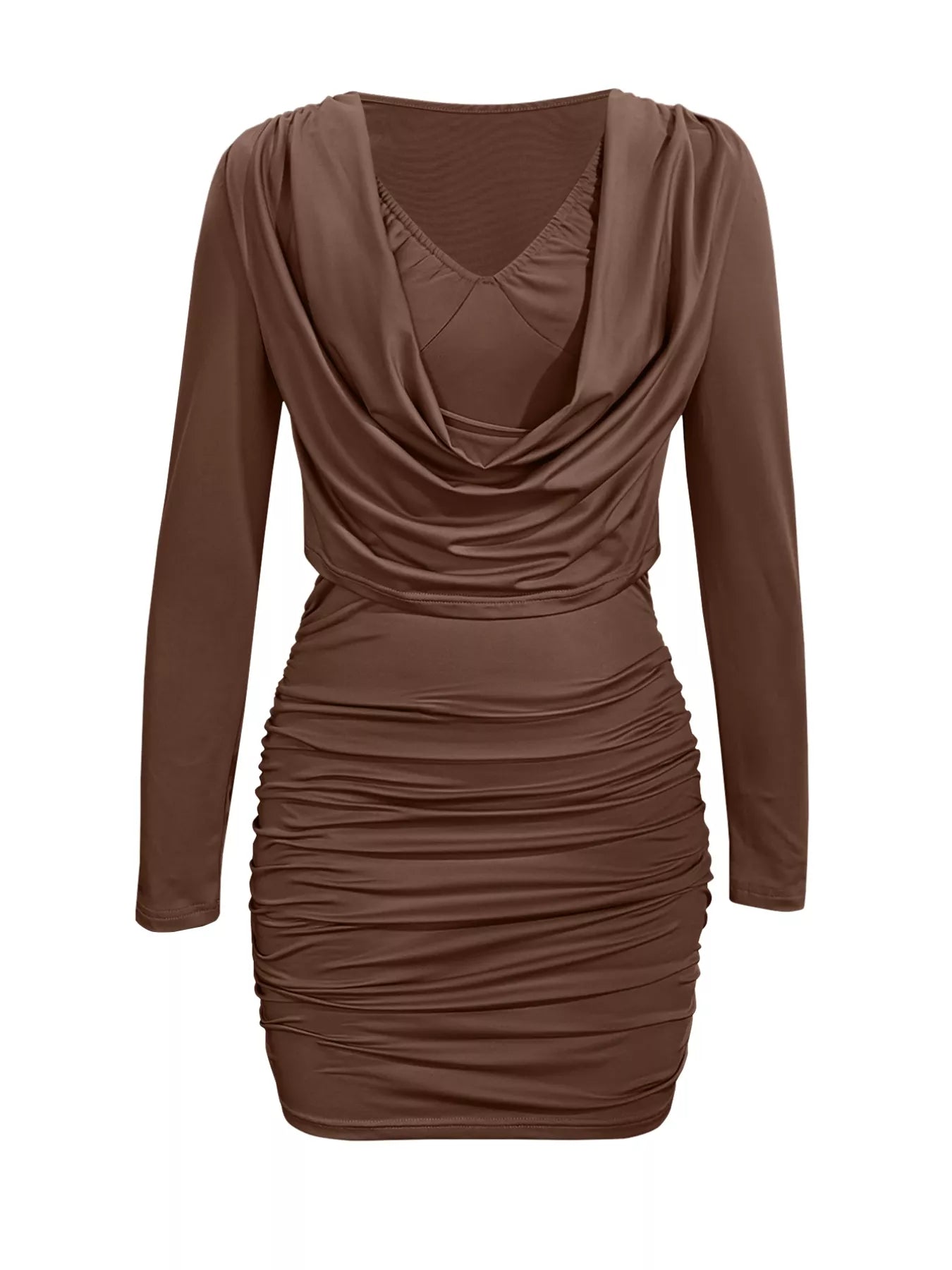 Draped V-Neck Long Sleeve Bodycon Mini Dress Dark Brown OutfitFlow
