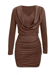 Draped V-Neck Long Sleeve Bodycon Mini Dress Dark Brown OutfitFlow