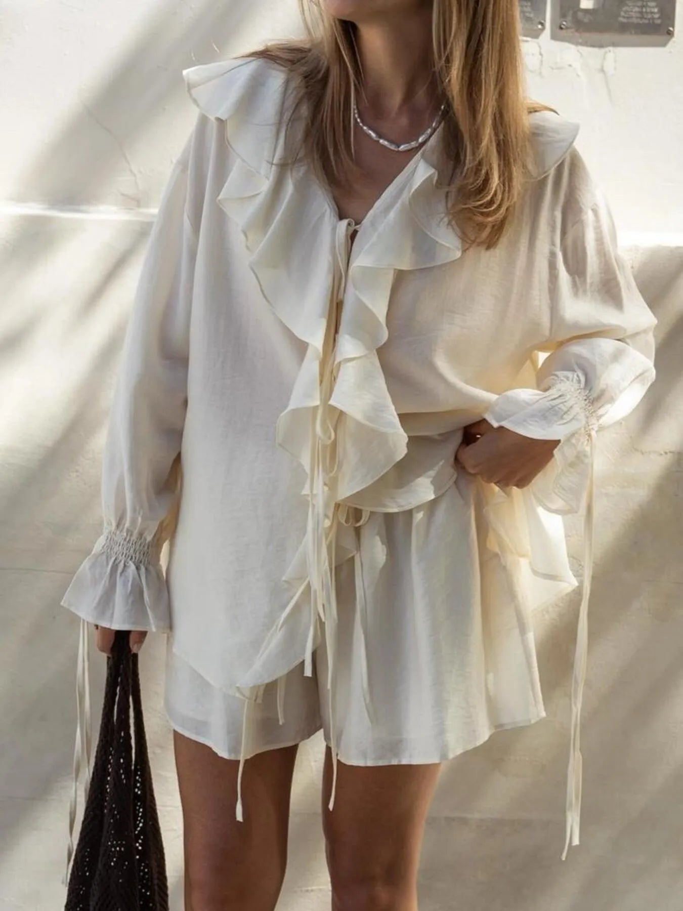 Ruffled Long Sleeve Shirt and Shorts Set OutfitFlow