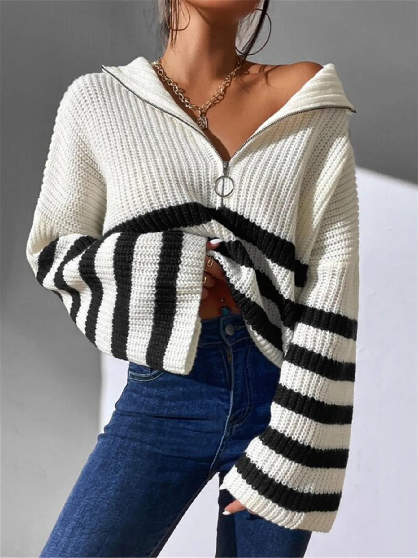 Striped Half Zip Cropped Sweater OutfitFlow