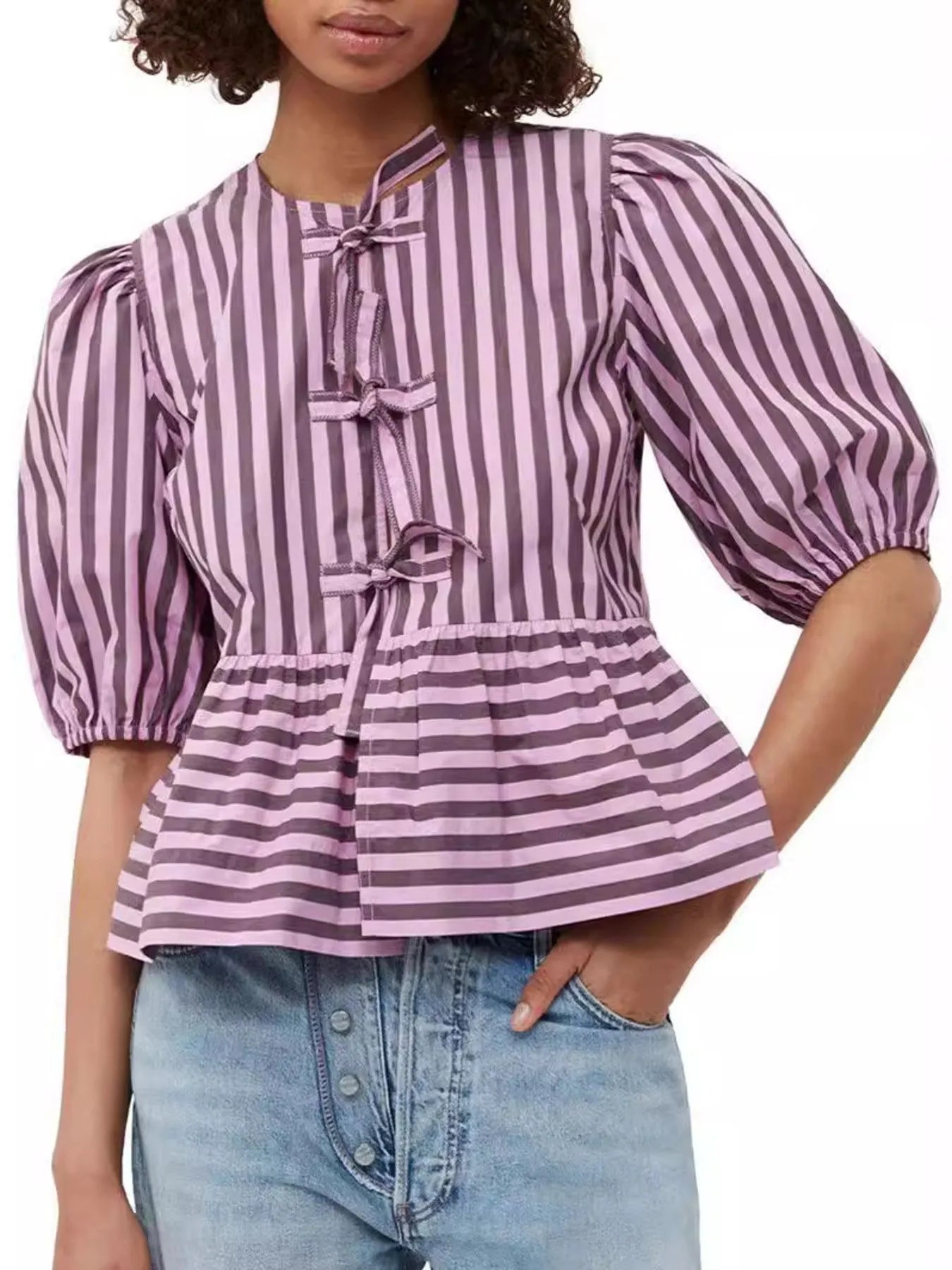 Puff Sleeve Bow Tie Blouse Purple OutfitFlow