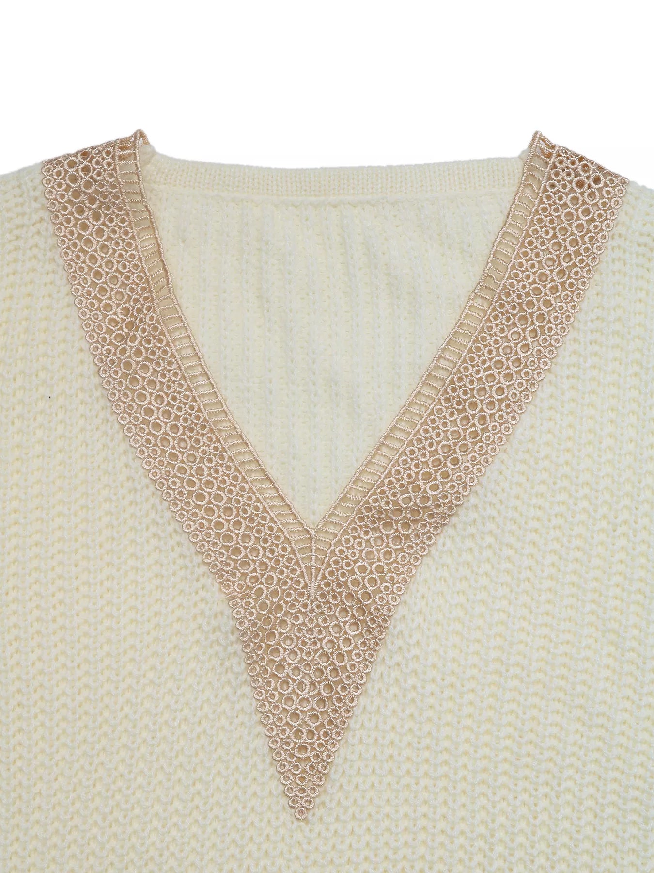 Openwork V-Neck Long Sleeve Sweater Trendsi