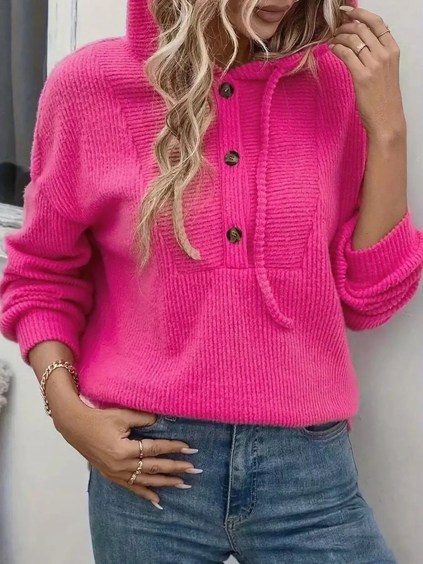 Button-Front Drawstring Hoodie OutfitFlow