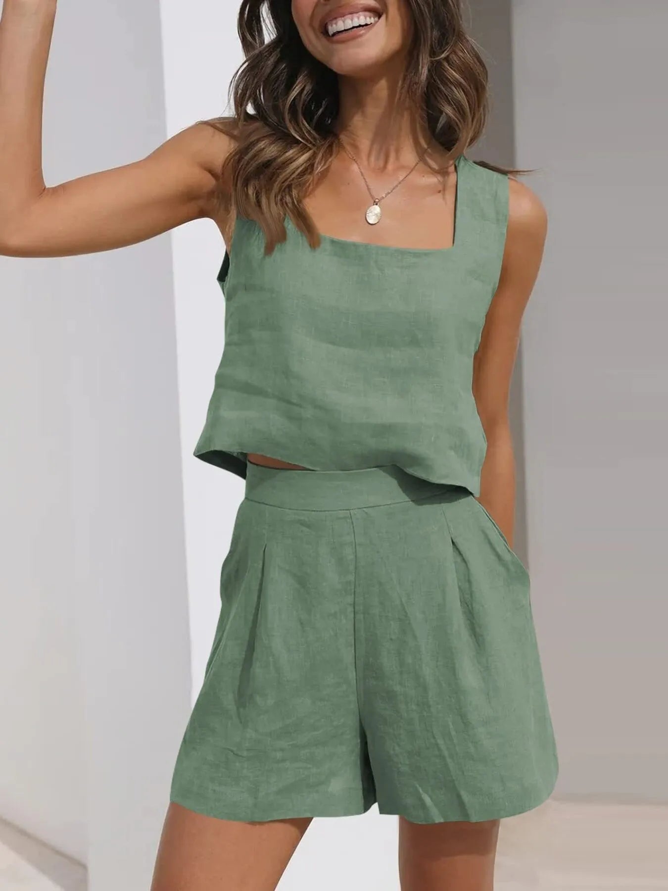 Square Neck Tank and Shorts Set OutfitFlow