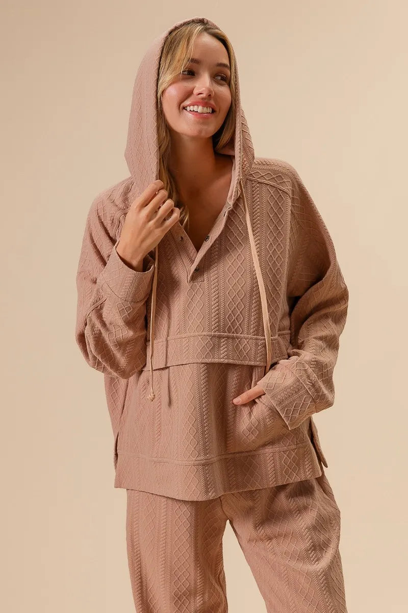 BiBi Textured Knit Buttoned Hoodie Top OutfitFlow