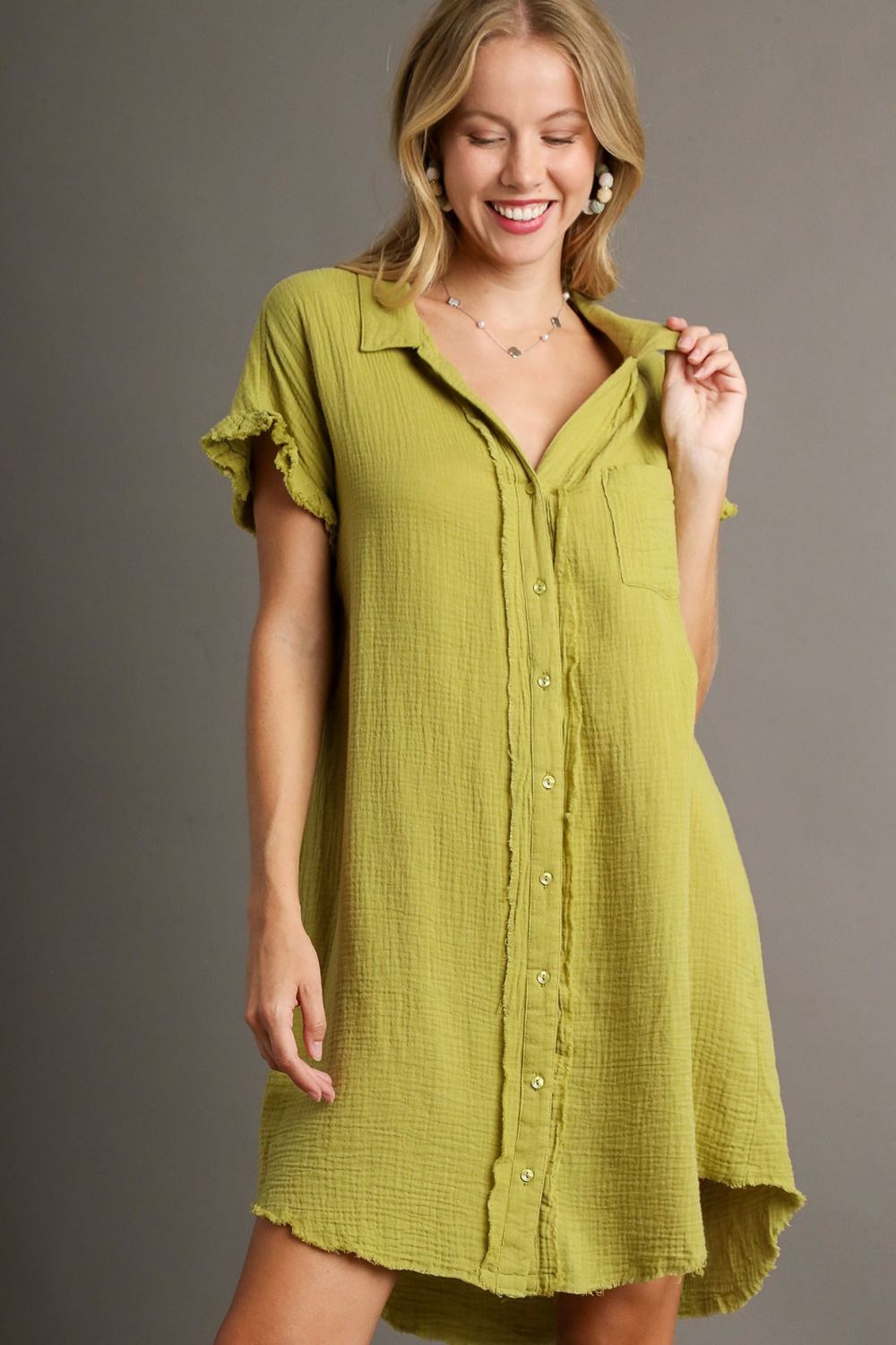 Umgee Full Size Raw Hem Button Down Short Sleeve Gauze Shirt Dress Plus Size Yellow-Green OutfitFlow