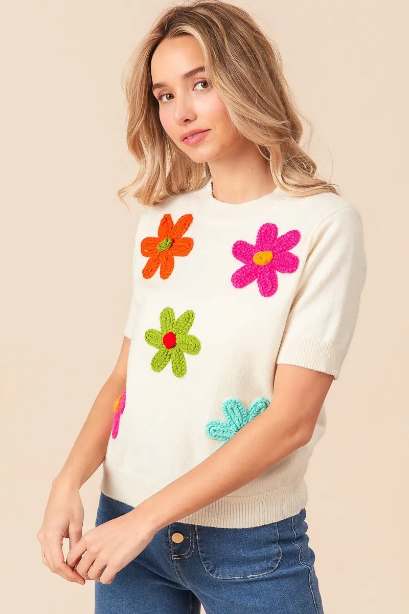 BiBi Crochet Flower Patch Sweater Top OutfitFlow