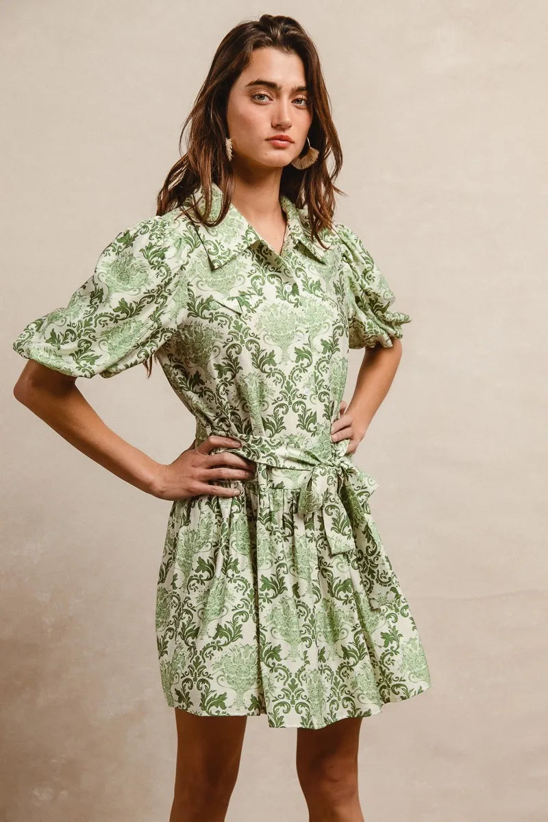BiBi Tied Floral Short Sleeve Mini Shirt Dress OutfitFlow