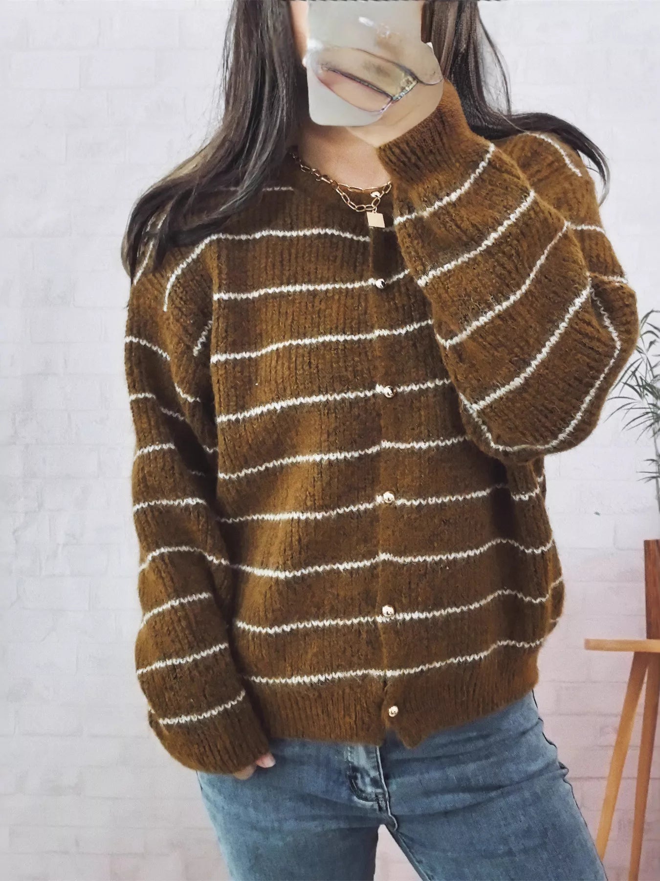 Striped Button Up Long Sleeve Cardigan Khaki One Size OutfitFlow