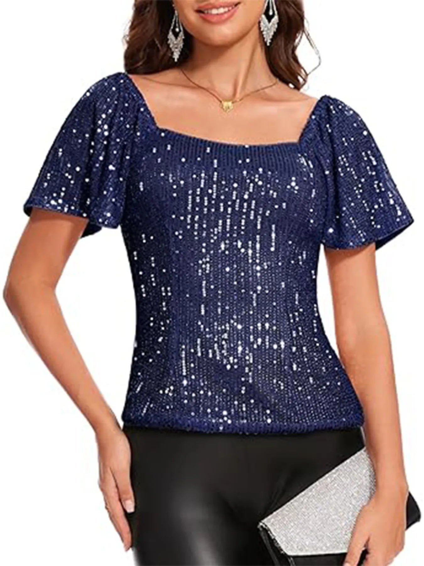 Square Neck Sequin Short Sleeve Blouse OutfitFlow