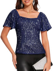 Square Neck Sequin Short Sleeve Blouse OutfitFlow