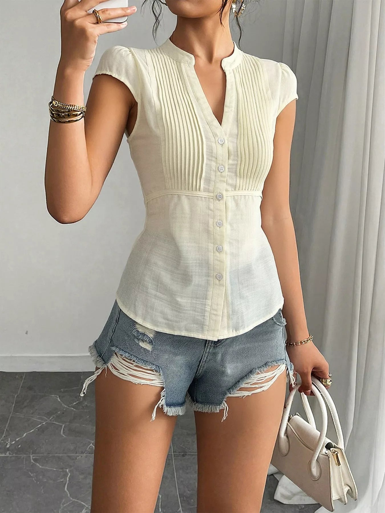 Button Up Cap Sleeve Shirt OutfitFlow